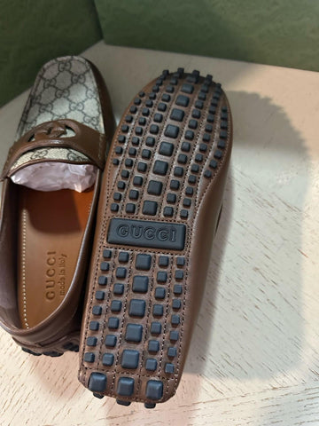 Gucci Men Leather GG Driver Loafers Shoes Brown 10 US/9 UK 730148 New