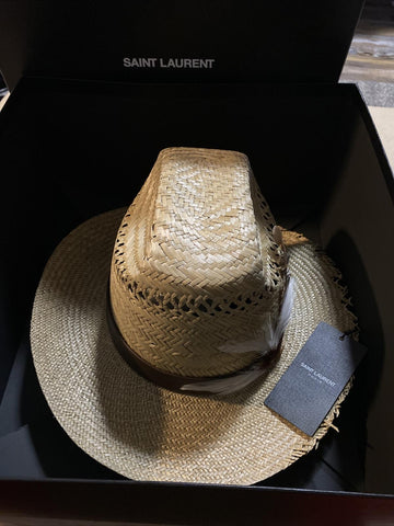 NWT $895 Saint Laurent Straw Cowboy Hat With Leather and Feathers Brown XL