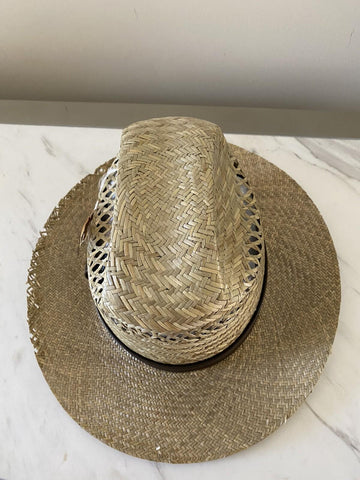 NWT $895 Saint Laurent Straw Cowboy Hat With Leather and Feathers Brown XL