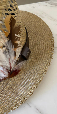NWT $895 Saint Laurent Straw Cowboy Hat With Leather and Feathers Brown XL