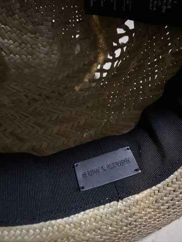 NWT $895 Saint Laurent Straw Cowboy Hat With Leather and Feathers Brown XL