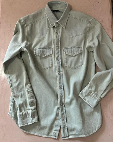 New $940 TOM FORD Men Western Denim Shirt Green /Blue Size 41/16 Italy
