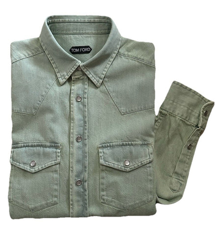 New $940 TOM FORD Men Western Denim Shirt Green /Blue Size 40/15 3/4 Italy