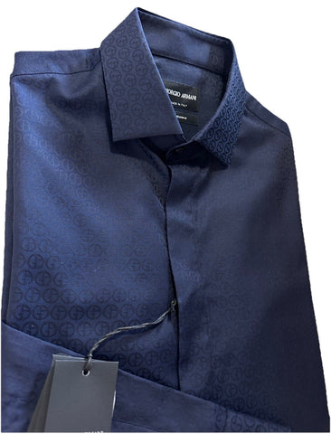 Giorgio Armani Men Logo Print Dress Shirt Navy Size 46/18.5 New $1195 Italy