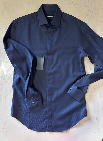 Giorgio Armani Men Logo Print Dress Shirt Navy Size 46/18.5 New $1195 Italy