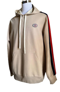 New $1750 Gucci Men Compact Jersey LOGO PRINTED Hoodie Pullover Sweater Beige L