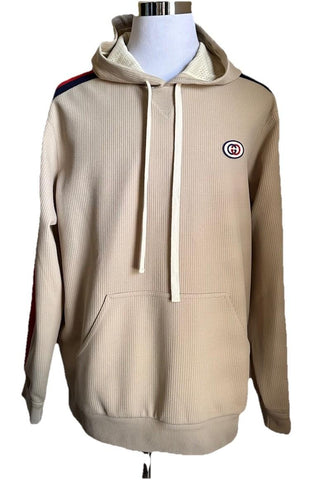 New $1750 Gucci Men Compact Jersey LOGO PRINTED Hoodie Pullover Sweater Beige L