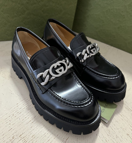 Gucci Women GG Cordovan Leather Platform Loafers Shoes Black 10 US/40 Eu New