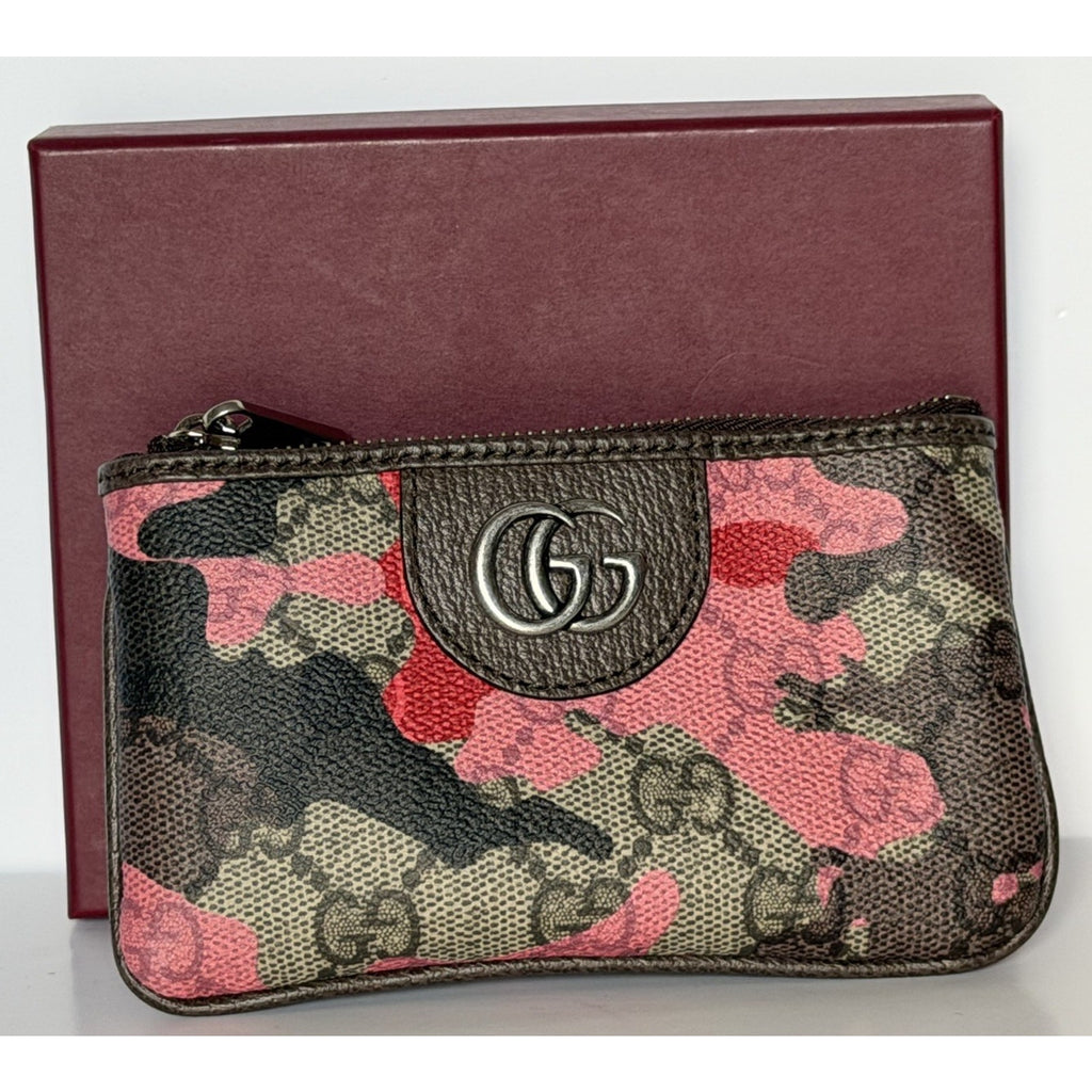 Gucci GG Key Case Pink Red Camo Monogram Zip Pouch 855446 NWT