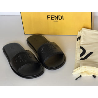 Fendi Roma Logo Leather Slide Sandals Black 11 US (10 Fendi) IT 7X1753 NIB $770