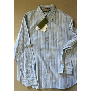 New Gucci Men Classic Washed Strips Shirt Azure Blue 43/17