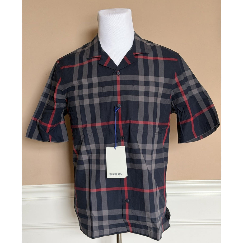 Burberry Elio Check Short Sleeve Shirt Navy/Grey IP Check Men M 8121727 NWT $640