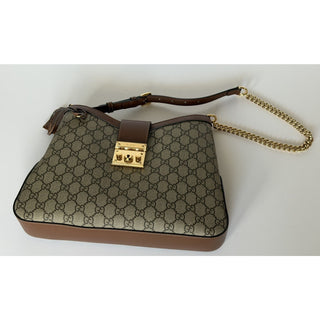 Gucci GG Supreme Padlock Leather/Canvas Brown Medium Shoulder Bag IT 795113 NWT
