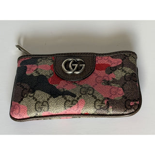 Gucci GG Key Case Pink Red Camo Monogram Zip Pouch 855446 NWT
