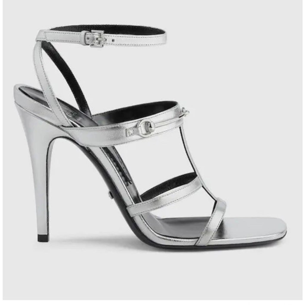 Gucci Women’s Leather Dress Sandal Shoes Silver 7.5 US/37.5 Eu New 771563