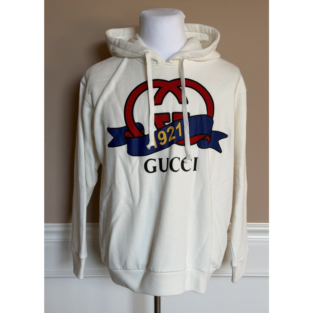 Gucci 1921 GG Logo Graphic Hoodie Ivory Cotton Sweatshirt Women’s S 863037 NWT