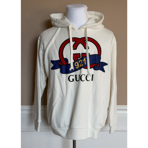 Gucci 1921 GG Logo Graphic Hoodie Ivory Cotton Sweatshirt Women’s S 863037 NWT