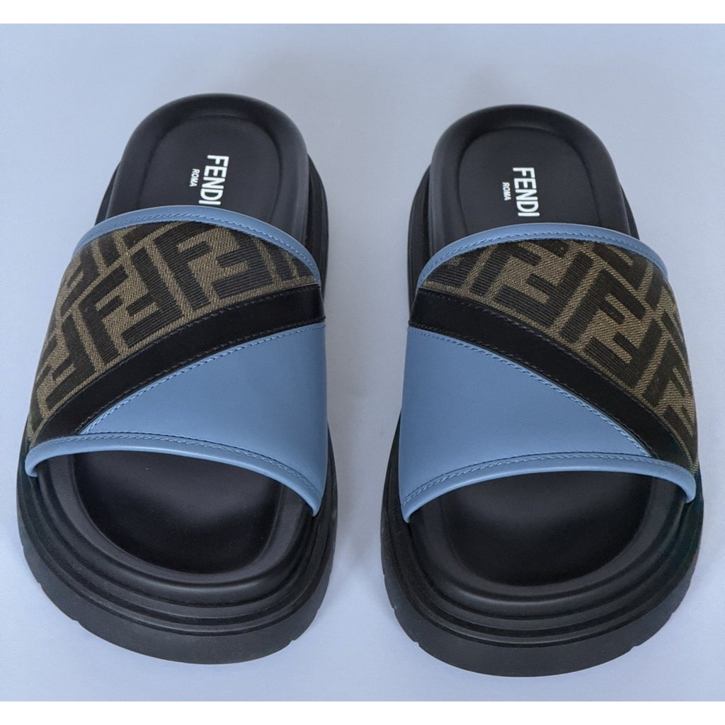 Fendi Men's FF Diagonal Leather/Fabric Slide Sandals 10 US/9 UK 7X1674 NWT $595