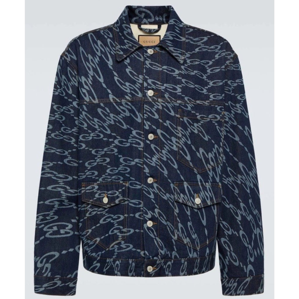New $2900 Gucci Men Oversized GG Distorted Laser Jacket DK Blue/Mix 44 US/54 Eu