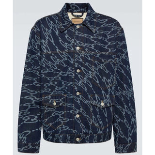 New $2900 Gucci Men Oversized GG Distorted Laser Jacket DK Blue/Mix 44 US/54 Eu