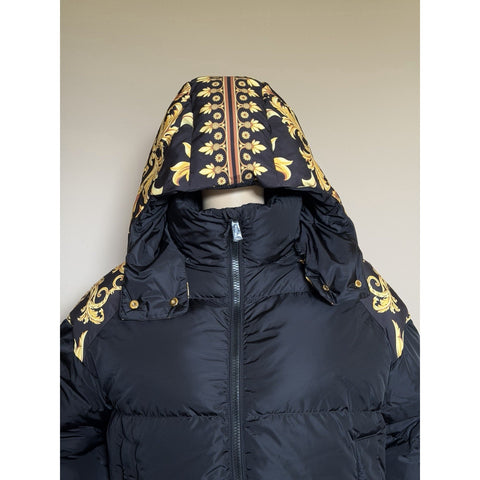 Versace Women's Leafy Print Padded Jacket with Hoodie Black 40