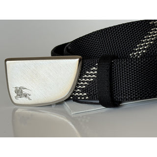 Burberry Silver Metal Buckle Shield Webbing Black Belt 105/42 8087708 NWT $490