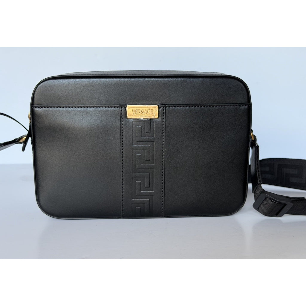 Versace Embossed Greek Key Black Crossbody Leather Camera Bag 1020736 NWT $1400