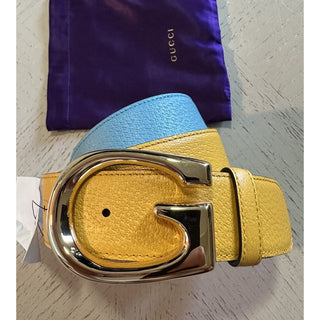 New $920 Gucci Mens Leather Memorable Buckle Belt Blue/Brown 100/40 709954