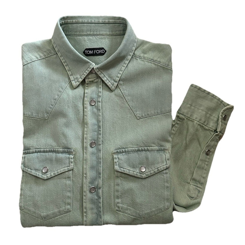 New $940 TOM FORD Men Western Denim Shirt Green /Blue Size 41/16 Italy