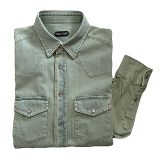 New $940 TOM FORD Men Western Denim Shirt Green /Blue Size 41/16 Italy