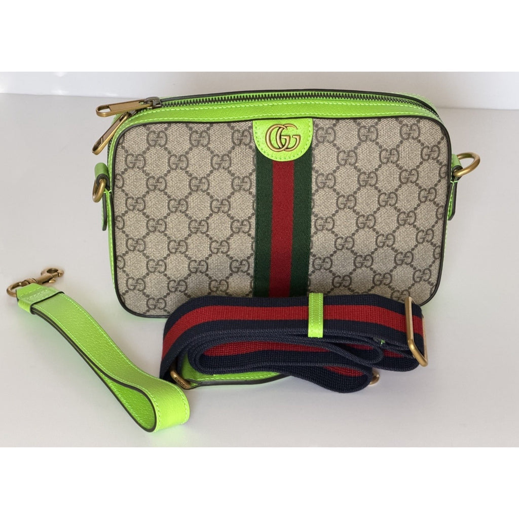 Gucci Ophidia GG Small Crossbody Bag Beige/Ebony /Neon Green 699439 NWT