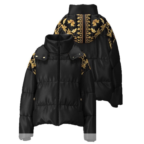 Versace Women's Leafy Print Padded Jacket with Hoodie Black 40 1012541 NWT $2250