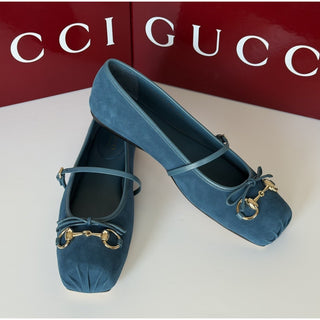 Gucci Horsebit Ballet Flat Suade Blue Sandals 9.5 US (39.5 Eu) IT 814413 NIB