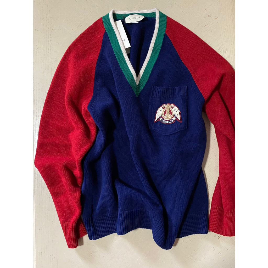 NWT $1200 Gucci Men Wool V Neck Sweater Red/Blue/Green L Italy