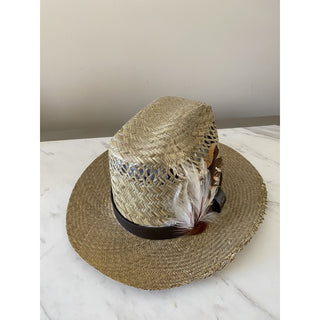 NWT $895 Saint Laurent Straw Cowboy Hat With Leather and Feathers Brown M