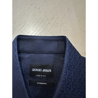 Giorgio Armani Men Logo Print Dress Shirt Navy Size 44/17.5 New $1195 Italy