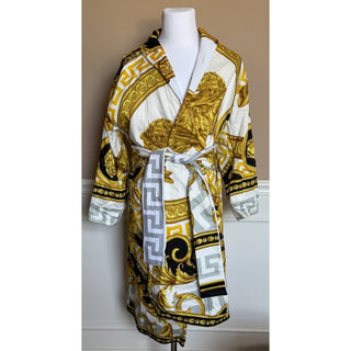 Versace Home Baroque Greca Cotton Bathrobe White Gold Black M ZACP00001 NWT