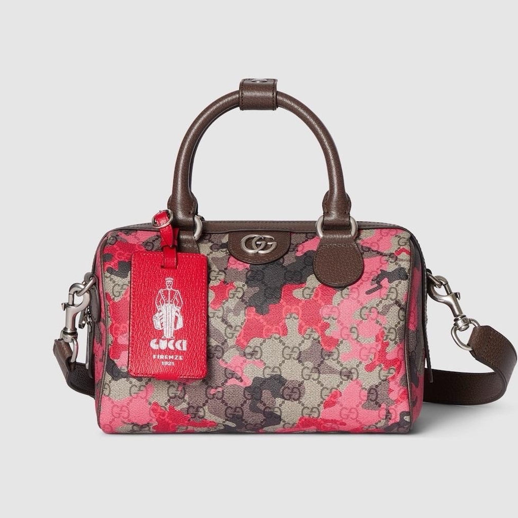 Gucci GG Small Boston Duffle Bag Pink/Red/Brown Camo Shoulder Bag 854860 NWT