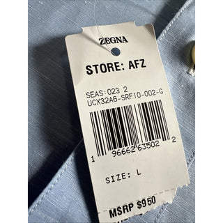 New $950 ZEGNA Men Linen Blend Button Down Shirt Blue Size L Italy