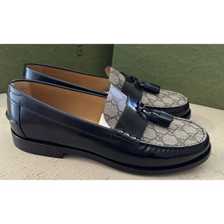 Gucci Mens GG Logo Leather Loafers Shoes Black/Beige 13.5 US/12.5 UK New 673817