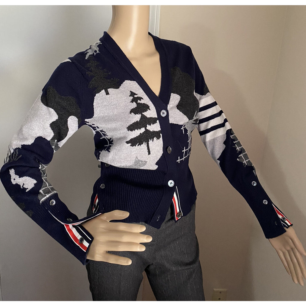 New $1800 Thom Browne Forest Scenery Intarsia Cashmere Cardigan Navy 40/4