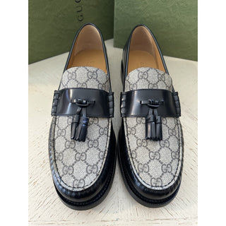 Gucci Mens GG Logo Leather Loafers Shoes Black/Beige 13.5 US/12.5 UK New 673817