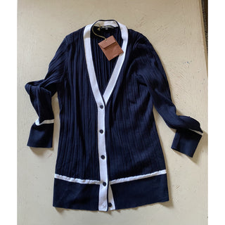 New $1650 Loro Piana Women Cashmere/Silk Knit Cardigan Sweater Navy/White US 4