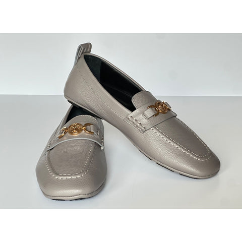 Versace Gold Medusa Men's Gray Leather Driver Shoes 8 US (41 Euro) 1017072 NIB