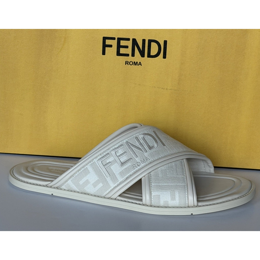 Fendi Men's FF Leather/Fabric Ivory Slide Sandals 12 US/11 UK IT 7X1548 NIB $730