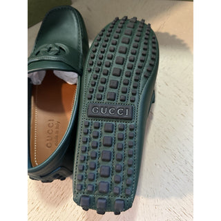 Gucci Men Leather GG Driver Loafers Shoes Green 8.5 US/7.5 UK 730148 New