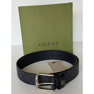 Gucci Interlocking GG Supreme Details Leather Belt Blue/Black 90/36 673921 NWT