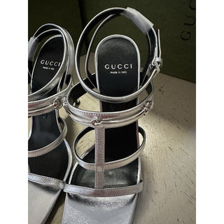 Gucci Women’s Leather Dress Sandal Shoes Silver 7.5 US/37.5 Eu New 771563