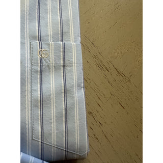 New Gucci Men Classic Washed Strips Shirt Azure Blue 43/17