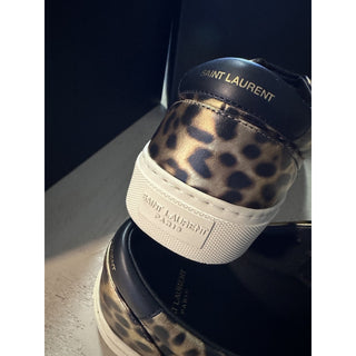 NIB Saint Laurent Men Leather Leopard Pr. Sneakers Black/Gold 8 US/41 E 689072